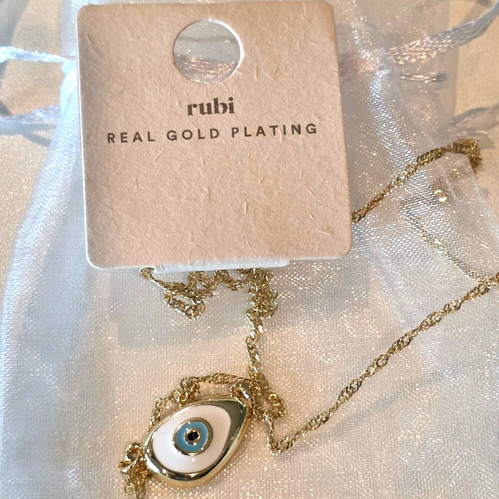 RUBI Gold Plated Blue Enamel Evil Eye Protection Pendant Necklace NWT